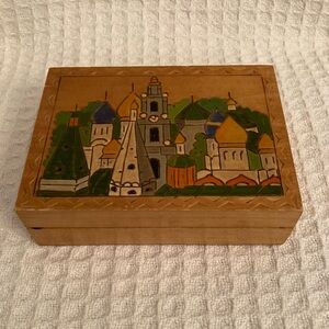 Wooden Pyrography Carved & Hand Painted Russian Village Trinket Box